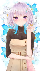 Rule 34 | 1girl, absurdres, blue flower, blue hair, blue nails, blush, breasts, brown dress, brown sweater, commentary request, dress, floral background, flower, gradient hair, grey hair, hair ornament, hairclip, hand up, highres, lize helesta, looking at viewer, multicolored hair, nail polish, nijisanji, parted lips, purple eyes, ribbed sweater, small breasts, solo, sweater, tsuyuri eri, turtleneck, turtleneck sweater, virtual youtuber, water drop, white flower