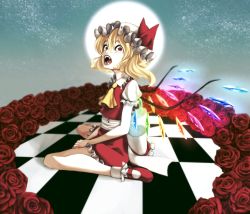 Rule 34 | 1girl, arm garter, ascot, blonde hair, bobby socks, checkered floor, crystal, fangs, flandre scarlet, floor, flower, full moon, hat, hat ribbon, highres, mary janes, moon, nappooz, open mouth, puffy short sleeves, puffy sleeves, red eyes, red flower, red footwear, red rose, red skirt, ribbon, rose, shoes, short hair, short sleeves, sitting, skirt, skirt set, socks, solo, staring, touhou, vampire, wariza, white socks, wings