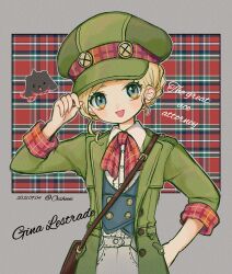 Rule 34 | 1girl, :d, ace attorney, bag, blonde hair, blue eyes, bow, coat, collared shirt, dog, gina lestrade, green hat, hand on own hip, hat, highres, holding, holding clothes, holding hat, jacket, long sleeves, looking at viewer, narumame, open mouth, pleated sleeves, shirt, short hair, sleeves rolled up, smile, solo, standing, the great ace attorney, toby (ace attorney), vest, white shirt