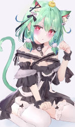 Rule 34 | 1girl, :o, absurdres, ahoge, animal ear fluff, animal ears, bare shoulders, bird, black choker, black dress, black ribbon, blush, breasts, cat ears, cat girl, chick, choker, cleavage, collarbone, dress, duck, earrings, frills, garter straps, gradient background, green hair, hair between eyes, hair ornament, head tilt, highres, hololive, jewelry, kemonomimi mode, looking at viewer, low twintails, mile (off8mile), off shoulder, parted lips, paw pose, red eyes, ribbon, short hair, simple background, sitting, skull earrings, skull hair ornament, skull ornament, small breasts, solo, thighhighs, twintails, uruha rushia, uruha rushia (3rd costume), virtual youtuber, wariza, white background, white thighhighs, wrist cuffs