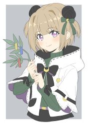 Rule 34 | 1girl, absurdres, black bow, black bowtie, black skirt, blonde hair, blush, border, bow, bowtie, closed mouth, copyright request, donguri suzume, double bun, green bow, green bowtie, green ribbon, hair bun, hair ribbon, highres, holding, jacket, long sleeves, looking at viewer, open clothes, open jacket, purple eyes, ribbon, short hair, skirt, smile, solo, virtual youtuber, white border, white jacket