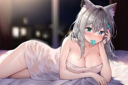 Rule 34 | 1girl, animal ears, aqua eyes, blue archive, blurry, blurry background, blush, breasts, cleavage, collarbone, condom, condom in mouth, condom wrapper, cross hair ornament, grey hair, hair ornament, head rest, highres, large breasts, looking at viewer, lying, medium hair, mouth hold, naked towel, on side, shiroko (blue archive), soradally, thighs, towel, wet