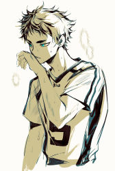 Rule 34 | 1boy, absurdres, akaashi keiji, green eyes, haikyuu!!, highres, hiromu 0811, looking away, male focus, monochrome, parted lips, simple background, solo, sportswear, spot color, sweat, upper body, volleyball uniform