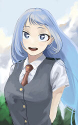 Rule 34 | 1girl, absurdres, arms behind back, blue eyes, blue hair, boku no hero academia, cloud, collared shirt, day, fengling (furin-jp), grey vest, hadou nejire, highres, long hair, looking at viewer, necktie, open mouth, outdoors, red necktie, school uniform, shirt, solo, u.a. school uniform, upper body, very long hair, vest, white shirt