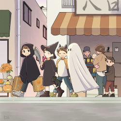 Rule 34 | 1other, 2girls, 4boys, absurdres, awning, baby, bag, black dress, black headwear, building, candy, cape, cat, child, closed eyes, dress, fake horns, floating, flower, food, ghost, hair bun, halloween, halloween costume, hat, highres, holding, holding bag, holding food, holding phone, holding popsicle, hood, hooded cape, horns, jack-o&#039;-lantern, kojiro337, multiple boys, multiple girls, open mouth, original, outdoors, phone, plant, popsicle, potted plant, road, scythe, shoes, shop, short hair, walking, witch, witch hat