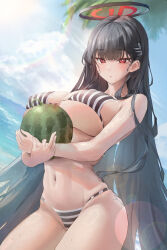 Rule 34 | 1girl, absurdres, bikini, black hair, black halo, blue archive, blue sky, breasts, closed mouth, cloud, cloudy sky, day, food, fruit, ggz (gguzal 95), hair ornament, hairclip, halo, highres, holding watermelon, huge breasts, lens flare, long hair, looking at viewer, navel, ocean, outdoors, red eyes, rio (blue archive), skindentation, sky, solo, stomach, striped bikini, striped clothes, sunlight, swimsuit, thighs, underboob, very long hair, watermelon, wet