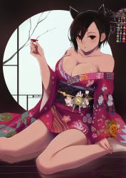 Rule 34 | 1girl, :q, alcohol, animal ears, barefoot, bell, black hair, breasts, cat ears, cleavage, fox ears, hair ornament, hairpin, hareno chiame, japanese clothes, kimono, large breasts, looking at viewer, obi, off shoulder, original, red eyes, round window, sake, sash, sitting, sleeves past wrists, smile, tongue, tongue out, updo, wariza, wide sleeves, window