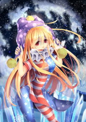 Rule 34 | 1girl, american flag dress, american flag legwear, blonde hair, blurry, breath, clownpiece, contrapposto, crystal, depth of field, dress, empty eyes, eyebrows, eyelashes, fairy wings, hair between eyes, hands up, hat, highres, holding, ice, jester cap, long hair, looking at viewer, neck ruff, pants, pantyhose, parted lips, polka dot, polka dot headwear, pom pom (clothes), pulling, red eyes, short dress, short sleeves, snowflakes, snowing, solo, standing, star (symbol), star print, striped, touhou, transparent wings, wings, z.o.b