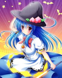Rule 34 | 1girl, alternate headwear, bat (animal), blue hair, blush, bow, breasts, food, fruit, hat, hinanawi tenshi, impossible clothes, impossible shirt, large breasts, long hair, osashin (osada), peach, red eyes, shirt, skirt, smirk, solo, star (symbol), sword of hisou, touhou, witch hat