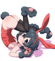Rule 34 | 1girl, animal ears, animal hands, ass, bad id, bad pixiv id, bare shoulders, black eyes, black hair, black thighhighs, blush, bow, bowtie, commentary request, fake animal ears, gloves, hairband, highres, kaban (kemono friends), kemono friends, leotard, looking at viewer, nekonyan (inaba31415), paw gloves, paw shoes, playboy bunny, rabbit ears, rabbit tail, red leotard, shoes, short hair, simple background, solo, tail, thighhighs, upside-down, white background, wrist cuffs
