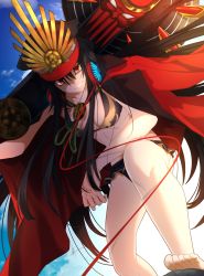 Rule 34 | 1girl, arm on knee, barefoot, bikini, black hair, coat, coat on shoulders, fate/grand order, fate (series), from below, hat, headphones, highres, nmz (namazu), oda nobunaga (fate), oda nobunaga (koha-ace), oda nobunaga (swimsuit berserker) (fate), oda nobunaga (swimsuit berserker) (second ascension) (fate), over shoulder, red eyes, smile, solo, swimsuit, toes, weapon, weapon over shoulder