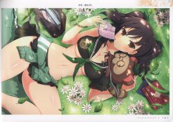 Rule 34 | 1girl, absurdres, blush, book, breasts, brown eyes, brown hair, cleavage, flower, grass, highres, holding, large breasts, leaf, long hair, looking at viewer, midriff, navel, official art, page number, scan, senran kagura, senran kagura new link, shiny skin, simple background, smile, solo, standing, thighs, twintails, yaegashi nan
