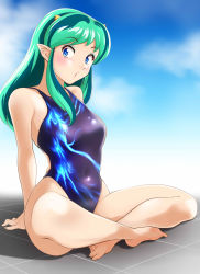 Rule 34 | 1girl, absurdres, blue eyes, blue one-piece swimsuit, blue sky, cloud, commentary request, competition swimsuit, cone horns, day, green hair, highleg, highleg swimsuit, highres, horns, indian style, long hair, looking at viewer, lum, multicolored hair, nanao futaba, one-piece swimsuit, pointy ears, sitting, sky, solo, swimsuit, tile floor, tiles, two-tone hair, urusei yatsura