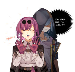 Rule 34 | 2girls, black jacket, closed eyes, closed mouth, english text, eyewear on head, gloves, grey hair, hands up, highres, hinagi (fox priest), honkai: star rail, honkai (series), hood, hood up, hooded jacket, jacket, kafka (honkai: star rail), long hair, long sleeves, looking at viewer, multiple girls, open mouth, purple gloves, purple hair, round eyewear, shaded face, shirt, simple background, smile, stelle (honkai: star rail), teeth, trailblazer (honkai: star rail), upper teeth only, white background, white shirt