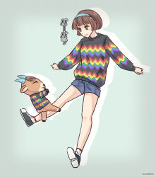 Rule 34 | 1girl, an777an, animal crossing, animal ears, artist name, brown hair, closed eyes, goat, goat ears, goat horns, grey background, hairband, highres, horns, nintendo, open mouth, pashmina (animal crossing), personification, solo, yellow eyes