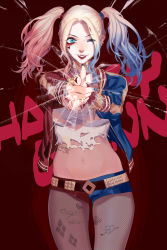 Rule 34 | 1girl, absurdres, batman (series), belt, blonde hair, blue eyes, blue hair, blue nails, dc comics, dj.adonis, gradient hair, harley quinn, highres, jacket, lipstick, long hair, looking at viewer, makeup, matching hair/eyes, midriff, multicolored clothes, multicolored hair, nail polish, navel, one eye closed, pantyhose, pink hair, red nails, short shorts, shorts, smile, solo, suicide squad, torn clothes, twintails