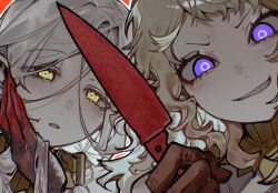 Rule 34 | 1boy, 1girl, bags under eyes, blonde hair, blood, blood in hair, blood on hands, close-up, dungeon meshi, elf, fleki, gloves, gorget, green eyes, grey hair, grin, hair around ear, hair tubes, highres, holding, holding knife, knife, long hair, low twintails, lycion, nova 1810, pointy ears, purple eyes, smile, twintails