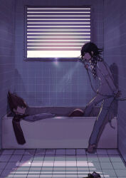 Rule 34 | 2boys, barefoot, bath, bathroom, black hair, checkered clothes, checkered scarf, commentary request, danganronpa (series), danganronpa v3: killing harmony, facial hair, flipped hair, from side, goatee, hair between eyes, highres, holding, holding shower head, indoors, jacket, long sleeves, looking at another, male focus, mochinomukou, momota kaito, multiple boys, oma kokichi, partially submerged, profile, puddle, purple eyes, purple theme, scarf, shadow, short hair, shower head, spiked hair, standing, straitjacket, tile floor, tile wall, tiles, window, window blinds