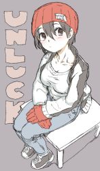 Rule 34 | 1girl, beanie, black hair, blouse, breasts, cleavage, female focus, gloves, grey background, hair between eyes, hands on lap, hat, izumo fuuko, jacket, nametake, red hat, shirt, short hair, simple background, sitting, solo, undead unluck, white shirt