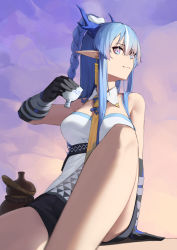 Rule 34 | 1girl, arknights, black shorts, blue eyes, blue hair, braid, breasts, commentary request, cup, detached collar, gourd, highres, holding, holding cup, large breasts, ling (arknights), long hair, mkrk mikaerukung, necktie, pointy ears, shirt, shorts, sidelocks, sitting, smile, solo, strapless, strapless shirt, white shirt, yellow necktie