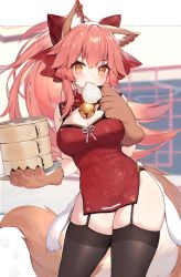 Rule 34 | 1girl, animal ear fluff, animal ears, animal hands, bell, blush, breasts, china dress, chinese clothes, collar, dress, fate/extra, fate/grand order, fate (series), fox ears, fox girl, fox tail, gloves, highres, jingle bell, large breasts, looking at viewer, muryotaro, neck bell, paw gloves, pink hair, ponytail, tail, tamamo (fate), tamamo cat (fate), thighhighs, thighs, yellow eyes