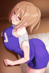 Rule 34 | 1girl, ass, bare arms, bare shoulders, blonde hair, blush, breasts, closed mouth, collarbone, commentary request, embarrassed, from above, huyumitsu, indoors, jersey, large breasts, looking at viewer, looking up, medium hair, original, sleeveless, sportswear, thighs, volleyball uniform, yellow eyes
