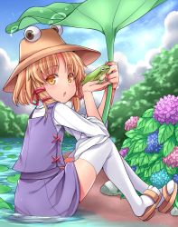 Rule 34 | 1girl, amane hasuhito, bad id, bad pixiv id, blonde hair, blue sky, cloud, day, flower, frog, hair ribbon, hat, holding, hydrangea, leaf, leaf umbrella, lily pad, looking at viewer, looking back, moriya suwako, open mouth, outdoors, ribbon, rock, sandals, short hair, sitting, sky, solo, thighhighs, touhou, water, white thighhighs, yellow eyes