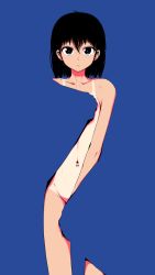 Rule 34 | 1girl, black hair, blue background, blue eyes, convenient censoring, covering privates, covering breasts, covering crotch, cowboy shot, expressionless, highres, looking at viewer, medium hair, navel, nude, original, shokubai phantom girl, simple background, solo, standing, tan, tanline
