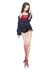 Rule 34 | 1girl, absurdres, bare legs, black shorts, blue jacket, breasts, brown hair, camisole, chinese commentary, cleavage, collarbone, commentary, cross-laced footwear, denim, denim jacket, eir, forehead, head tilt, highres, jacket, lips, lipstick, long hair, long legs, looking at viewer, makeup, medium breasts, off shoulder, original, parted bangs, parted lips, red camisole, red footwear, shoes, short shorts, shorts, simple background, smile, sneakers, solo, spaghetti strap, straight hair, thighs, white background, yellow eyes