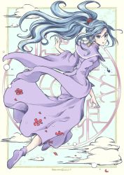 Rule 34 | 1girl, artist name, blue eyes, blue hair, border, breasts, chrono trigger, cloud, dated, dress, earrings, falling petals, flower, full body, hair between eyes, high ponytail, highres, jewelry, long dress, long hair, long sleeves, looking back, maruno, medium breasts, outstretched arm, parted lips, pendant, petals, princess, purple dress, purple footwear, red flower, schala zeal, solo, wide sleeves