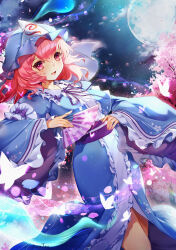 1girl blue_hat blue_kimono bug butterfly cherry_blossoms folding_fan frilled_kimono frills ghost hand_fan hat highres hitodama holding holding_fan insect japanese_clothes kimono mob_cap moon pink_eyes pink_hair saigyouji_yuyuko salmontea short_hair solo touhou