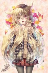 Rule 34 | 1girl, :d, animal ears, bad id, bad pixiv id, bare shoulders, bell, black pantyhose, brown eyes, brown hair, casual, collarbone, dated, floral background, flower, fox ears, hair ornament, hairpin, heterochromia, leaf, long hair, looking at viewer, low twintails, maple leaf, matching hair/eyes, off-shoulder, off-shoulder sweater, off shoulder, open mouth, original, pantyhose, plaid, plaid skirt, pleated skirt, signature, skirt, smile, solo, sweater, twintails, unmoving pattern, yuihira asu