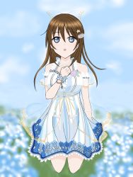 Rule 34 | 1girl, :o, anata no risou no heroine, aqua bow, aqua eyes, arm garter, arm ribbon, artist name, artist request, bare shoulders, blue bow, blue eyes, blue sky, blush, bow, bracelet, breasts, brown hair, clenched hand, cloud, collarbone, cross-laced clothes, cross-laced dress, day, dress, dress bow, drop earrings, earrings, female focus, field, flower, flower bracelet, flower field, frilled dress, frills, grass, hair between eyes, hair bow, hair ornament, hairclip, half updo, halter dress, halterneck, highres, jewelry, long hair, looking at viewer, love live!, love live! nijigasaki high school idol club, love live! school idol festival, miniskirt, necklace, on grass, osaka shizuku, outdoors, parted lips, pearl bracelet, pearl hair ornament, pearl necklace, pink flower, pink rose, plaid, plaid dress, plaid skirt, pleated, pleated dress, pleated skirt, ponytail, purple flower, purple rose, ribbon, rose, short sleeves, sitting, skirt, sky, small breasts, smile, solo, star (symbol), star hair ornament, striped clothes, striped dress, striped skirt, vertical-striped clothes, vertical-striped dress, vertical-striped skirt, white bow, white dress, white ribbon, white skirt, wrist ribbon