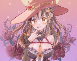 Rule 34 | 1girl, blush, breasts, brown hair, cleavage, detached collar, detached sleeves, fingernails, flower, hat, highres, idolmaster, idolmaster cinderella girls, large breasts, long hair, looking at viewer, minato chimu, moon, nail polish, official alternate costume, red flower, red rose, rose, smile, solo, star (symbol), thorns, tongue, tongue out, totoki airi, upper body, witch hat