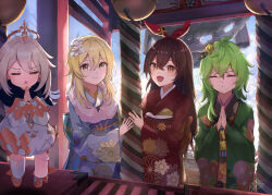 Rule 34 | 310setsu, 4girls, :d, ahoge, alternate costume, amber (genshin impact), blonde hair, blue kimono, brown hair, chestnut mouth, closed eyes, closed mouth, collei (genshin impact), commentary request, crossed bangs, day, dress, floating, floral print, flower, genshin impact, green hair, green kimono, hair between eyes, hair flower, hair ornament, hairband, halo, hands up, japanese clothes, kimono, long hair, long sleeves, looking at viewer, lumine (genshin impact), medium hair, multiple girls, open mouth, paimon (genshin impact), palms together, puckered lips, red hairband, red kimono, rope, shimenawa, shrine, signature, single thighhigh, smile, thighhighs, v-shaped eyebrows, white dress, white flower, white hair, white thighhighs, wide sleeves, yellow eyes