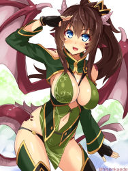 Rule 34 | 1girl, blue eyes, blush, borrowed character, breasts, brown hair, cleavage, dragon girl, dragon horns, dragon tail, dragon wings, fang, fingerless gloves, gloves, hisen kaede, horns, kikyou-0423, large breasts, long hair, looking at viewer, medium breasts, monster girl, navel, open mouth, pointy ears, smile, solo, tail, thighs, twitter username, wings