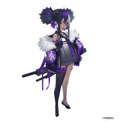 Rule 34 | 1girl, amoeba yuanchong, armlet, ash arms, black hair, black sailor collar, black thighhighs, blue skirt, cube hair ornament, dragon print, fangs, flats, full body, fur-trimmed jacket, fur collar, fur trim, hair ornament, headband, highres, jacket, looking at viewer, multicolored hair, n1k shiden (ash arms), off shoulder, open clothes, open jacket, open mouth, pink hair, pleated skirt, purple hair, purple headband, purple jacket, purple ribbon, ribbon, sailor collar, sharp teeth, short eyebrows, short twintails, simple background, single thighhigh, skirt, solo, sword, teeth, thighhighs, twintails, weapon, weapon on back, white background