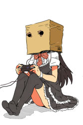 Rule 34 | 1girl, bad id, bad pixiv id, bag, bag over head, black hair, black thighhighs, bow, controller, dress, game controller, gamepad, kaika, long hair, original, paper bag, playing games, simple background, sitting, solo, thighhighs, white background