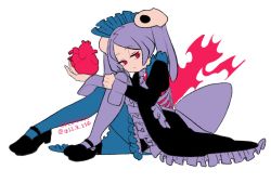 Rule 34 | 011 8 110, apron, bloody marie (skullgirls), bow, brooch, fetal position, fire, frills, grey hair, hair ornament, heart (organ), holding, jewelry, maid, maid headdress, mary janes, red eyes, ribs, shoes, sitting, skull hair ornament, skullgirls, white background