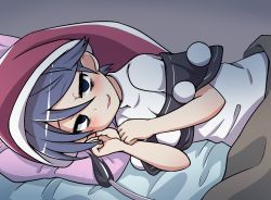Rule 34 | 1girl, antinomy of common flowers, bed sheet, blanket, blue eyes, blue hair, blush, capelet, commentary request, doremy sweet, empty eyes, hair between eyes, hat, hato no suisou, highres, looking at viewer, lying, nightcap, on side, pillow, pom pom (clothes), short hair, smile, solo, tail, tapir tail, touhou, upper body