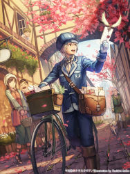 Rule 34 | 1girl, 4boys, :d, anbe yoshirou, artist name, ascot, bag, basket, bicycle, blue hat, blue jacket, blue pants, blurry, boots, brown eyes, brown hair, building, cherry blossoms, child, city, depth of field, dog, dutch angle, envelope, facial hair, fantasy, flower, gloves, grin, half-timbered, hat, house, jacket, leash, letter, long hair, long sleeves, looking at another, looking to the side, mailman, multiple boys, mustache, old, old man, open mouth, outdoors, pants, pavement, pet walking, petals, plant, road, satchel, scenery, short hair, shoulder bag, sign, smile, standing, street, tenkuu no crystalia, town, tree, uniform, v arms, vanishing point, walking, watermark, white gloves, white hair, window, wings