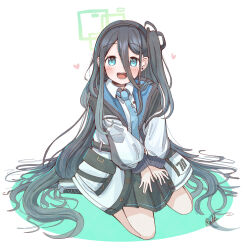Rule 34 | 1girl, aris (blue archive), artist name, blue archive, blue eyes, commentary request, full body, hair between eyes, hair ornament, halo, headband, heart, highres, jacket, long hair, looking at viewer, necktie, open mouth, rakugakiraid, school uniform, seiza, shoes, sitting, solo, very long hair, white background