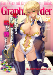 Rule 34 | 1girl, ahoge, artoria pendragon (all), artoria pendragon (fate), artoria pendragon (swimsuit ruler) (fate), blue necktie, blue thighhighs, blush, braid, breasts, card, cleavage, clothing cutout, detached collar, fate/grand order, fate (series), fishnet thighhighs, fishnets, french braid, hair between eyes, highleg, highleg leotard, large breasts, leotard, long hair, looking at viewer, navel, navel cutout, necktie, open mouth, playing card, satou daiji, solo, thighhighs, thighs, white leotard, wrist cuffs