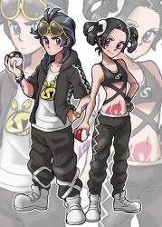 Rule 34 | 1boy, 1girl, alternate costume, alternate hairstyle, arm tattoo, artist request, baggy pants, bare shoulders, black hair, blouse, blush, chain necklace, closed mouth, clothing cutout, cosplay, creatures (company), elio (pokemon), eyewear on head, fingerless gloves, frown, full body, game freak, gloves, guzma (pokemon), guzma (pokemon) (cosplay), hair ornament, hand on own hip, holding, holding poke ball, hood, hoodie, jacket, jewelry, mea pkmn, navel, navel cutout, necklace, nintendo, open clothes, open shirt, pants, plumeria (pokemon), plumeria (pokemon) (cosplay), poke ball, poke ball (basic), pokemon, pokemon sm, pubic tattoo, purple eyes, selene (pokemon), shirt, short sleeves, short twintails, single glove, sleeveless, smile, stomach, stomach tattoo, sunglasses, tank top, tattoo, team skull, team skull (cosplay), twintails, ultra ball, watch, wristband