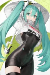 Rule 34 | 1girl, absurdres, ai-assisted, aqua eyes, aqua hair, arms up, asymmetrical bodysuit, black bodysuit, bodysuit, boots, covered navel, cowboy shot, crop top, crop top overhang, cropped jacket, flag, flagpole, flame print, gloves, goodsmile racing, green gloves, hatsune miku, headset, highres, holding, holding flag, holding pole, jacket, long sleeves, nyatabe, pole, race queen, racing miku, racing miku (2022), single thigh boot, single thighhigh, text print, thigh boots, thighhighs, twintails, two-tone gloves, vocaloid, white jacket