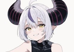 Rule 34 | 1girl, absurdres, ahoge, alternate costume, alternate hair length, alternate hairstyle, asymmetrical hair, black shirt, blush, braid, commentary, demon horns, french braid, grey background, grey hair, grin, hair between eyes, hair intakes, highres, hololive, horns, la+ darknesss, looking at viewer, multicolored hair, pointy ears, portrait, purple hair, shirt, short hair, simple background, single braid, sleeveless, smile, solo, st4rting 0ver, striped horns, two-tone hair, virtual youtuber, yellow eyes