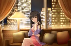 Rule 34 | 10s, 1girl, artist request, black hair, blunt bangs, breasts, brown eyes, city lights, cityscape, cleavage, couch, crossed arms, dress, idolmaster, idolmaster cinderella girls, idolmaster cinderella girls starlight stage, kurokawa chiaki, lamp, long hair, looking at viewer, night, night sky, official art, pillow, sky, smile, solo