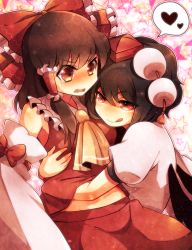 Rule 34 | 2girls, :d, :q, black hair, bow, brown hair, detached sleeves, female focus, hair bow, hakurei reimu, hand under clothes, hand under shirt, hat, heart, hug, japanese clothes, large bow, miko, mk, multiple girls, naughty face, open mouth, red eyes, shameimaru aya, shirt, short hair, smile, spoken heart, star (symbol), sweatdrop, tokin hat, tongue, tongue out, touhou, wavy mouth, wings, you gonna get raped, yuri