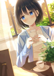 Rule 34 | 1girl, bad id, bad pixiv id, black hair, blue eyes, blue jacket, blurry, blurry foreground, blush, cellphone, coffee cup, commentary request, cup, curtains, day, disposable cup, dutch angle, elbows on table, highres, holding, holding phone, indoors, jacket, light frown, looking away, open clothes, open jacket, original, phone, plant, potted plant, saucer, senri (senri sen), shirt, short hair, smartphone, solo, spoon, steam, table, upper body, window, yellow shirt