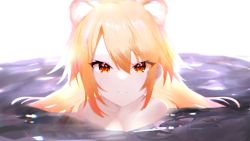 Rule 34 | animal ears, backlighting, blonde hair, blurry, caustics, collarbone, commentary request, expressionless, extra ears, eyes visible through hair, facing viewer, hair over eyes, highres, kanelashi, lion ears, lion girl, long hair, looking at viewer, nude, orange eyes, partially submerged, shinonome ito, virtual youtuber, wactor production, water, white background